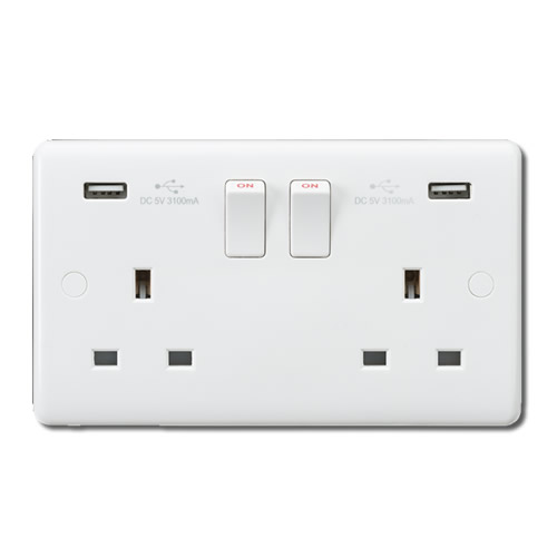 Curved Edge 13A Switched Socket with Dual USB Charger - 2 Gang